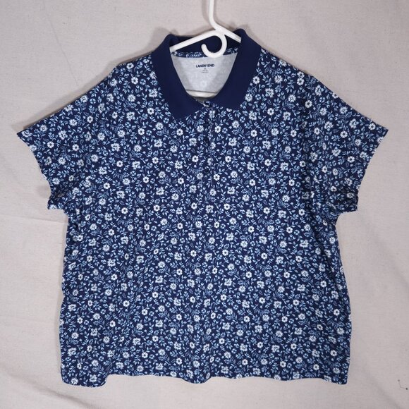 Lands End Womens Polo Shirt 3X Blue Floral Print Short Sleeve Golf Preppy Casual - Picture 1 of 13